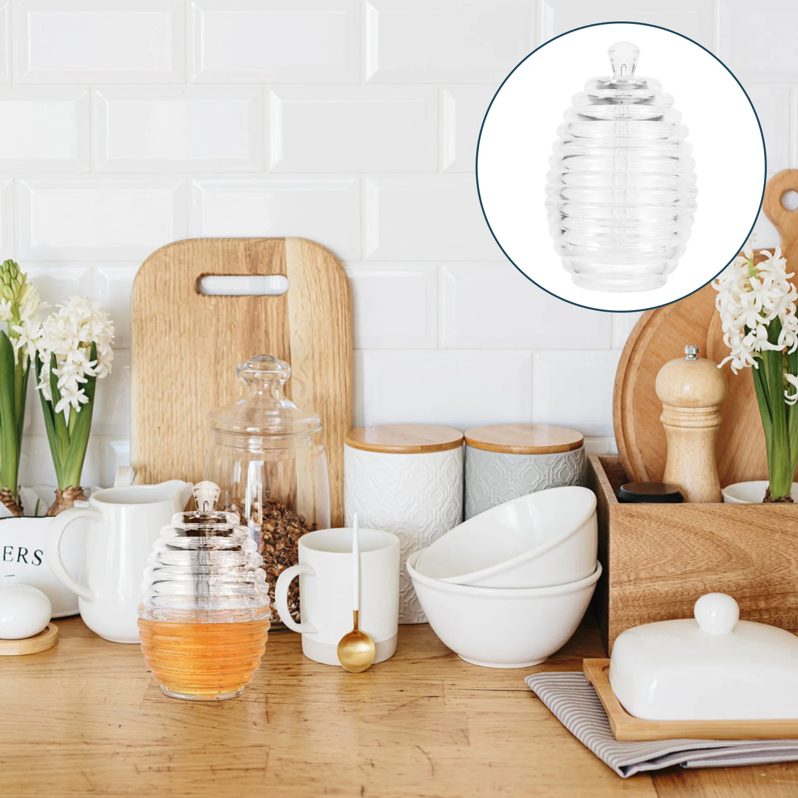 

1Set Honey Storage Jar Transparent Plastic Honey Jar with Dipper Easy Dispense Syrup Dispenser for Home Kitchen Coffee Milk