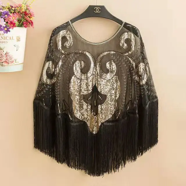 

2023 Spring Summer Women Mesh Versatile Capes Sequins Popular Japan Korea Fashion Party Lady Cloaks Poncho Black Golden