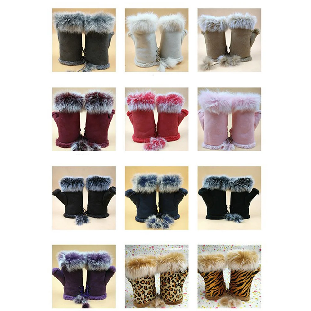 

1 Pair Half Finger Gloves Women Wool Fingerless Winter Warm Short Mittens Adjustable Wrist For Christmas Gift Cream-Coloured