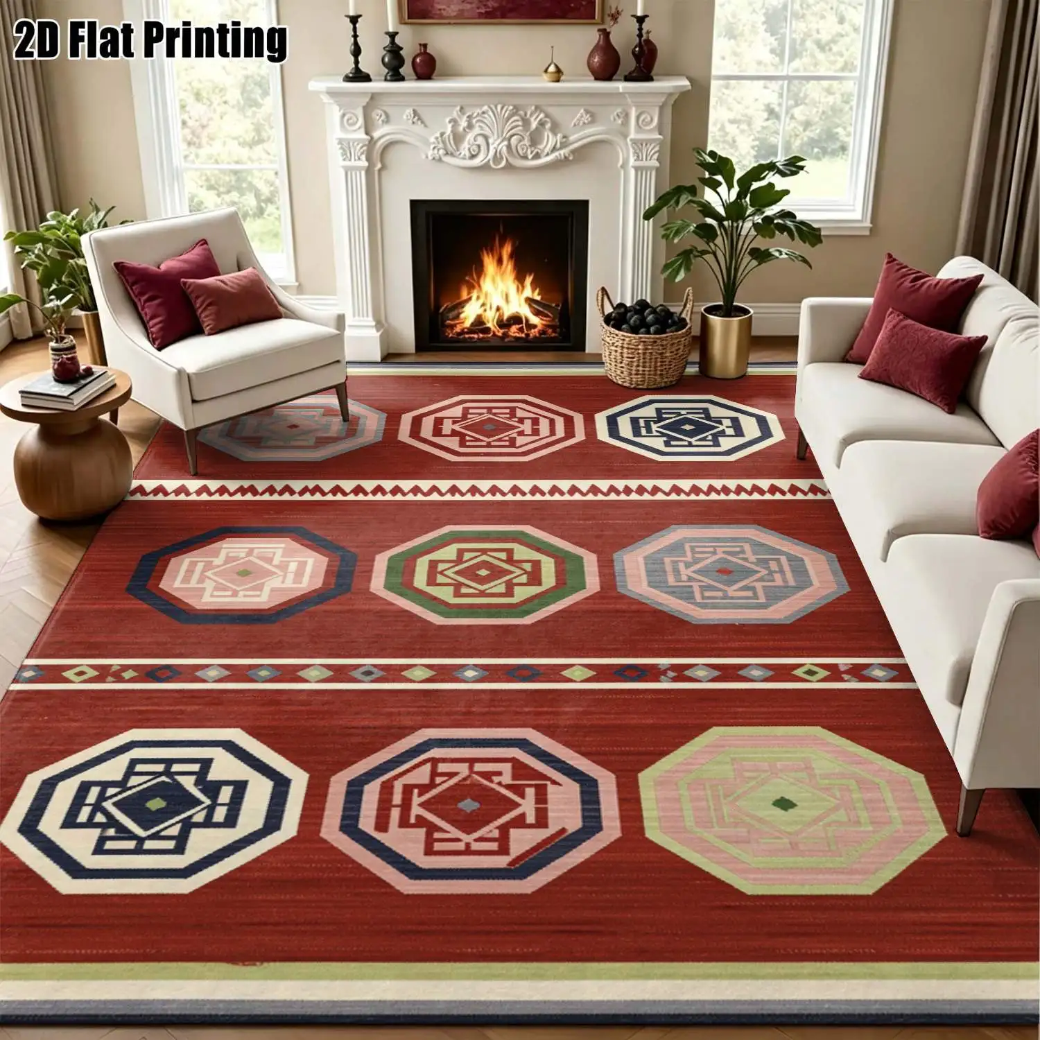1Pc 2D Printed Carpet: Red-Base Geometric Octagonal Pattern, Retro/Bohemian/Minimalist Style, Multi-Size, Machine-Washable, Home Decor for Multi-Scene Use