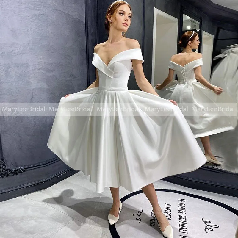 Sexy V-Neck Short Wedding Dresses Off the Shoulder Satin A-line Tea Length Lacing Bride Wedding Dress Ivory Summer Bridal Gowns