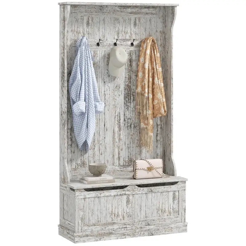 

3-in-1 Entryway Hall Tree with Storage Bench, Coat Rack with 5 Hooks and Shoe Storage, Distressed White Finish
