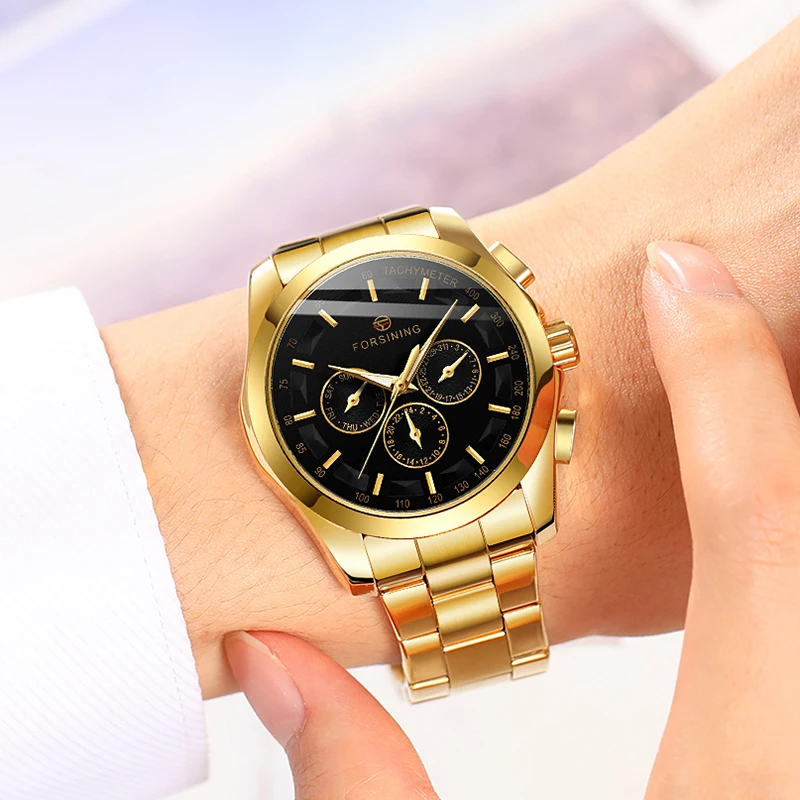 FORSINING Mechanical Mens Watches Top Brand Luxury Golden Stainless Steel Band Automatic Day Date 24 Hour Male Clock Gift Box