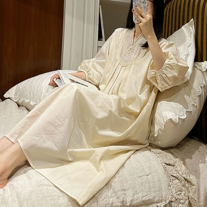 Vintage Pure Cotton Long Night Dress Women Spring Autumn Nightie Loose Robe Victorian Nightgowns Princess Sleepwear Nightdress