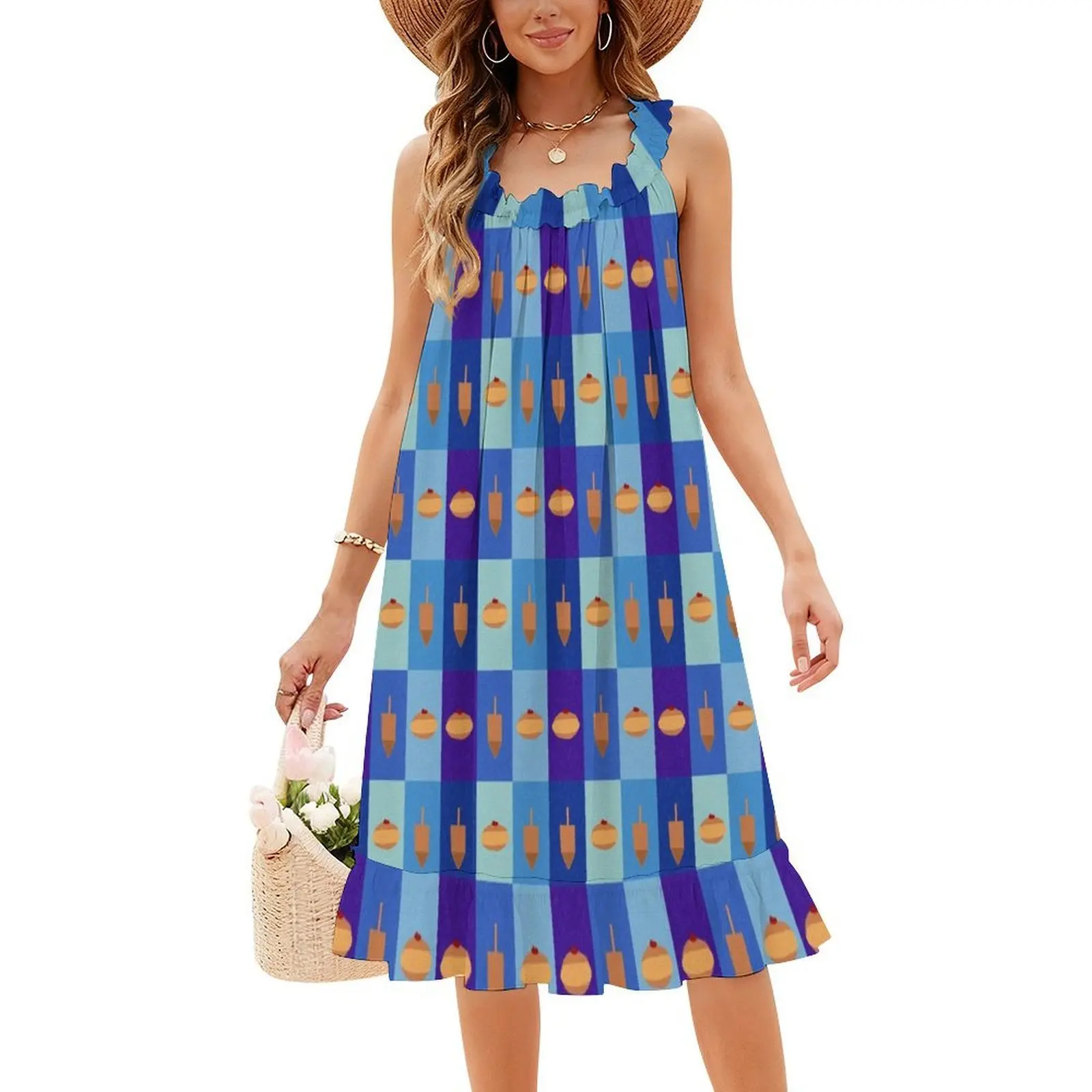 فستان D&D-Dougnuts and Dreidels الأزرق الشبكي للنساء للحفلات الأنيقة على شكل حرف A مع خيارات قصيرة/طويلة/بدون أكمام يهودية يهودية #4