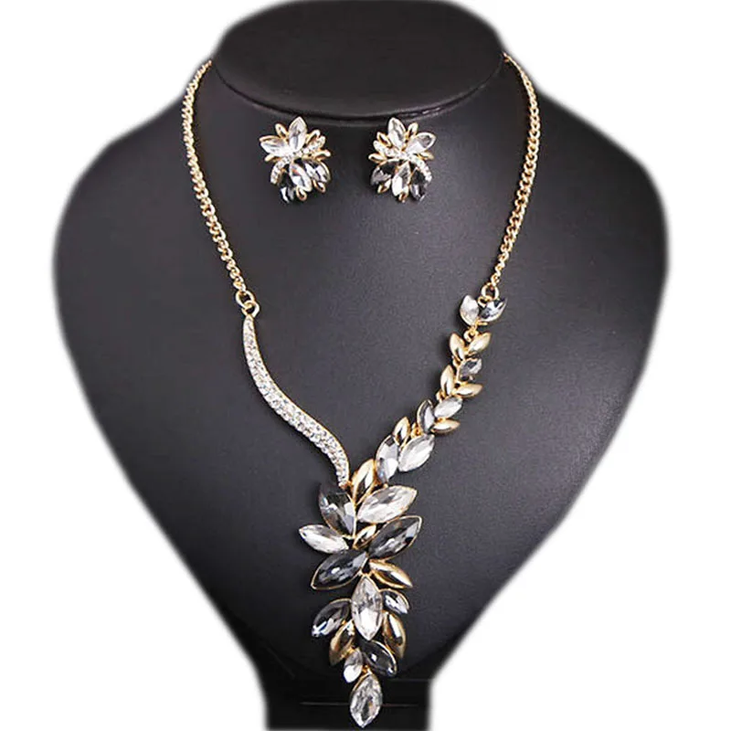 New Style Flower Leaf Crystal Rhinestone Bridal Jewelry Sets Women Statement Gold Silver Color Necklace Earrings Set For Wedding