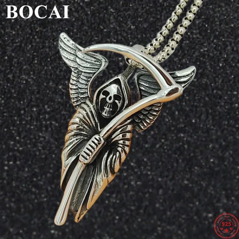 BOCAI S925 Sterling Silver Pendants 2022 New Fashion Retro Old  Wings Sickle Dealth Pure Argentum Amulet Jewelry for Women Men