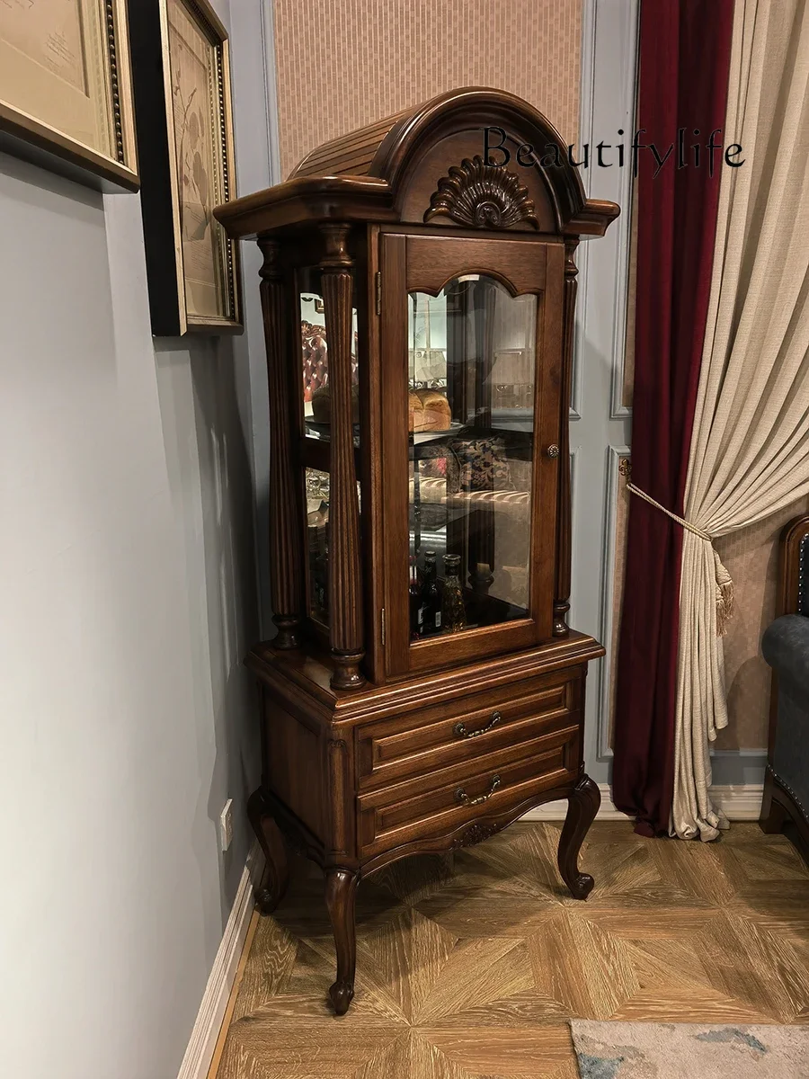 

American-Style Short Solid Wood Corner Display Cabinet Living Room with Glass Locker Classical Black Walnut