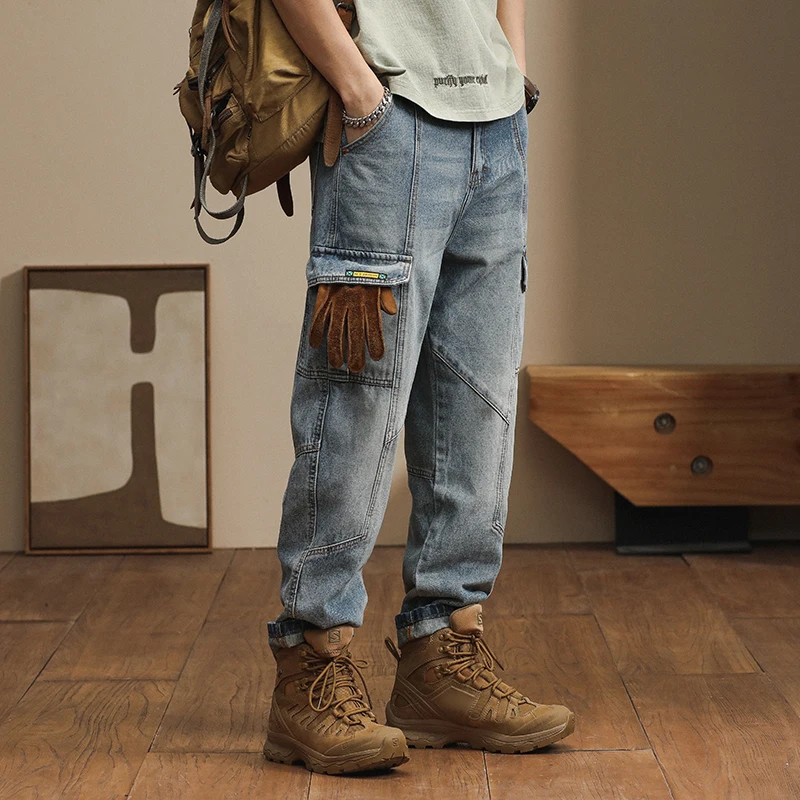 Loose Harem pants Japanese retro multi pocket jeans men's spring and autumn cargo clothes casual patchwork pants