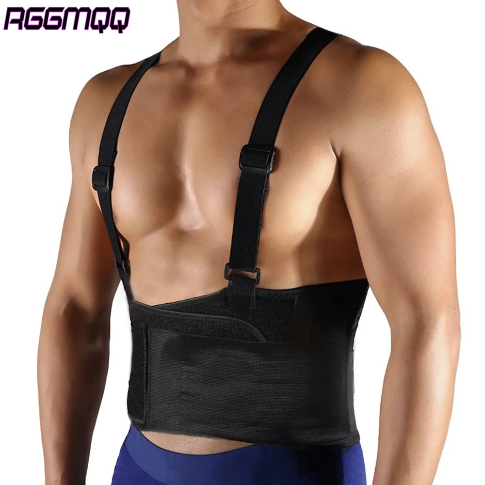 

Heavy Duty Back Brace with Suspenders - Adjustable Lumbar Support Belt for Construction, Warehouse, Work Injury Prevention - Men