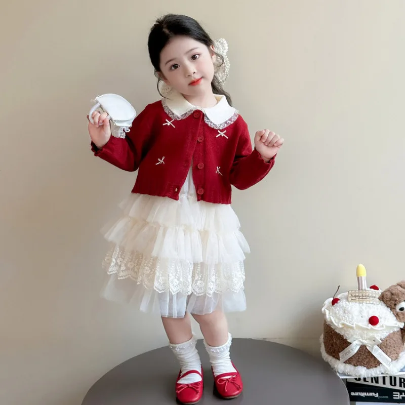 

Комплект платьев для девочек, весна-осень 2025, новое детское модное платье, вязаный свитер для девочек, сетчатое платье принцессы, комплект из двух предметов