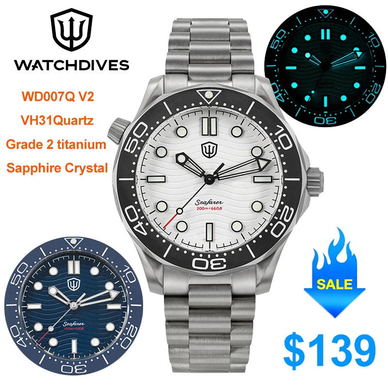 Watchdives WD007Q V2 Quartz Watch Grade 2 Titanium NTTD Sapphire Crystal Luxury Watch VH31 Sweep 200m Waterproof Dive Watches
