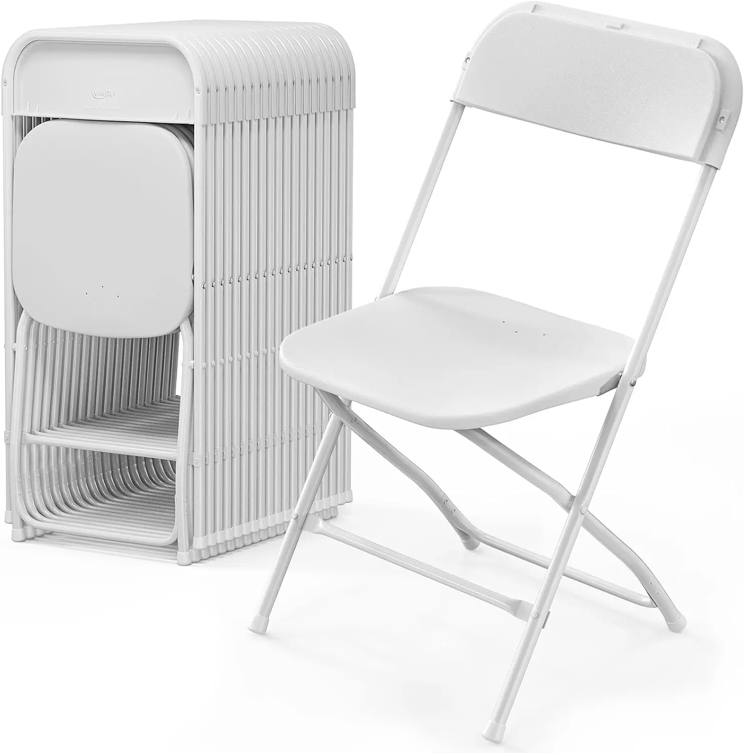 Paquete de 20 sillas plegables de plástico blanco, asiento comercial apilable portátil para interiores y exteriores con estructura de acero de 350 libras.