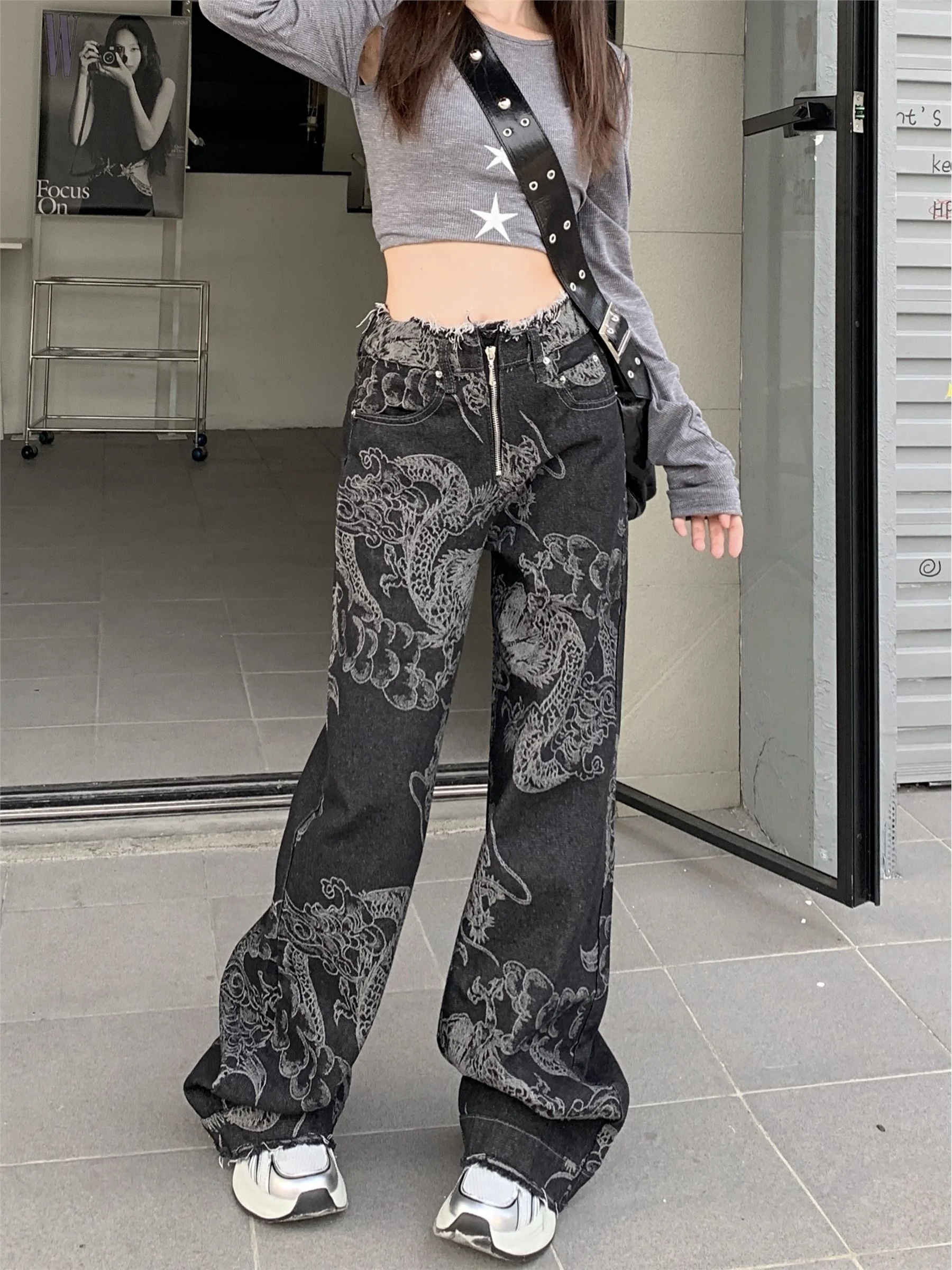 Punk Black Print Gothic Flare Jeans Women Low Rise Vintage Denim Pants Dark Academia Y2k Japanese Streetwear Goth Trousers