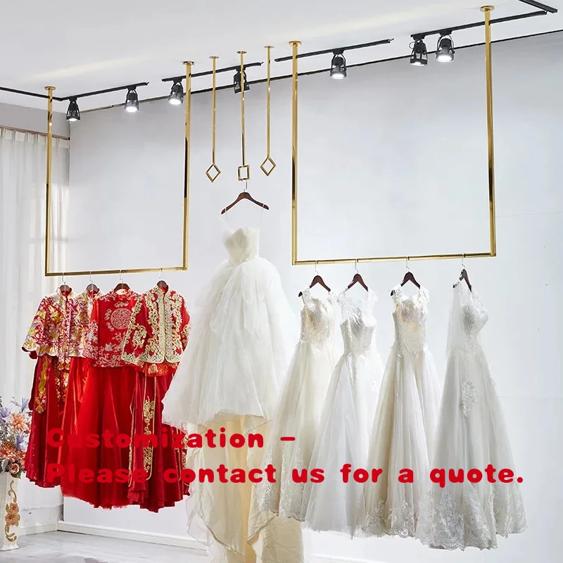 custom.Hot Sales Stainless Steel Gold Wedding Dress Display Rail Square Pipe Clothes Rack Display Clothing Racks Ceiling Wall Ha