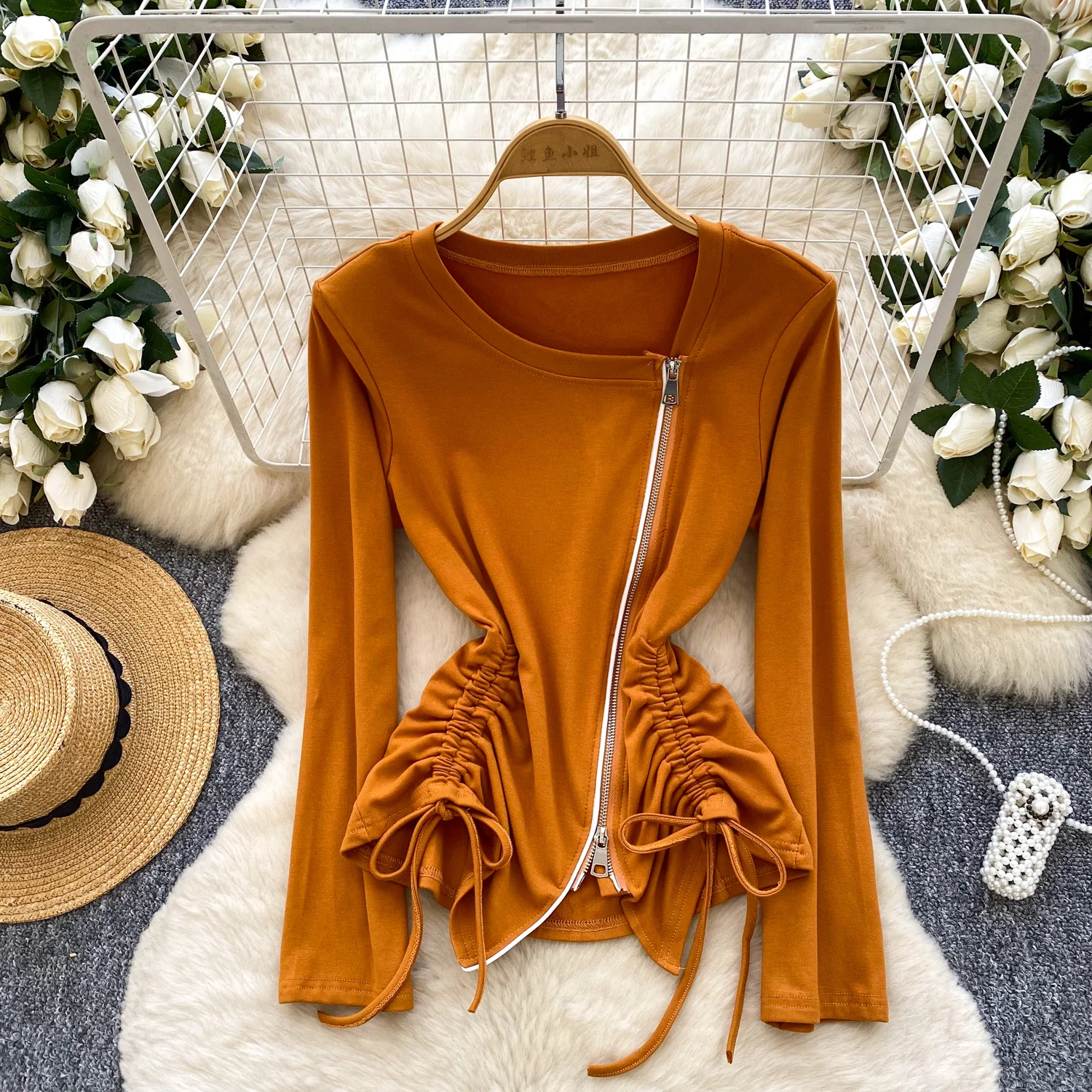 

Women Senior Shirring Zipper Bandage Drawstring Tops Shirts Lady Winter Autumn Blouse Pullover Female Ins Chic Trendy Design Top