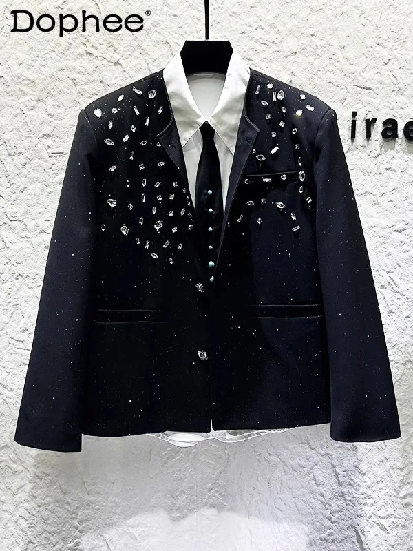 

2025 Autumn New Heavy Embellished Jacket for Men Korean Version Light Luxury Casual Loose Turn-down Collar Jacket