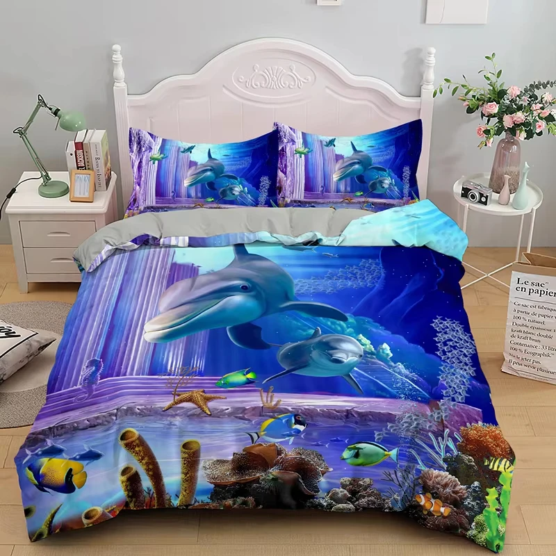 Dolphin Bedding Set Ocean Animal Duvet Cover Mediterranean Style Quilt Cover Soft Microfiber Dolphin Pattern Comforter Cover