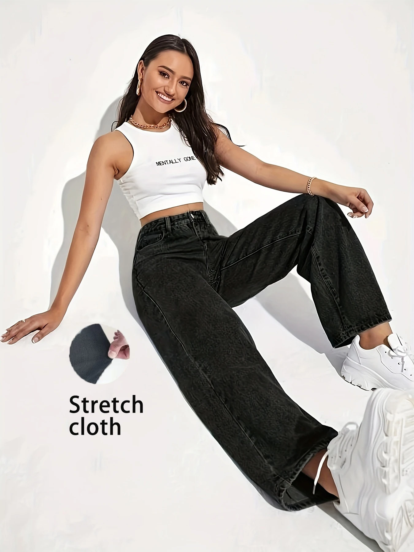 Denim elastis kaki lurus fashion wanita merek CPUY warna murni empat musim tanpa ikat pinggang gaya musim gugur dan musim semi yang populer