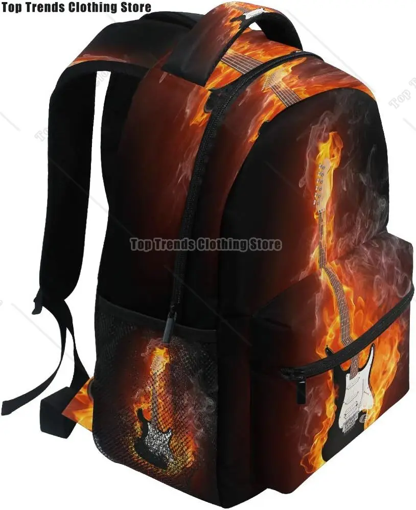 حقيبة ظهر للسفر مطبوعة على شكل جيتار كهربائي من Fire Flames لحقيبة الكتب المدرسية المقاومة للماء