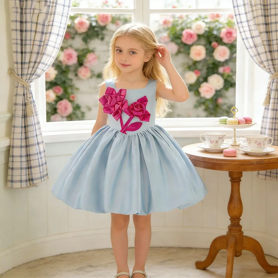 Flower Bridesmaids Party Girls Dress Elegant Wedding Birthday Princess Prom Tutu Dresses Girl Gala Baptism Evening Gown ASQ03