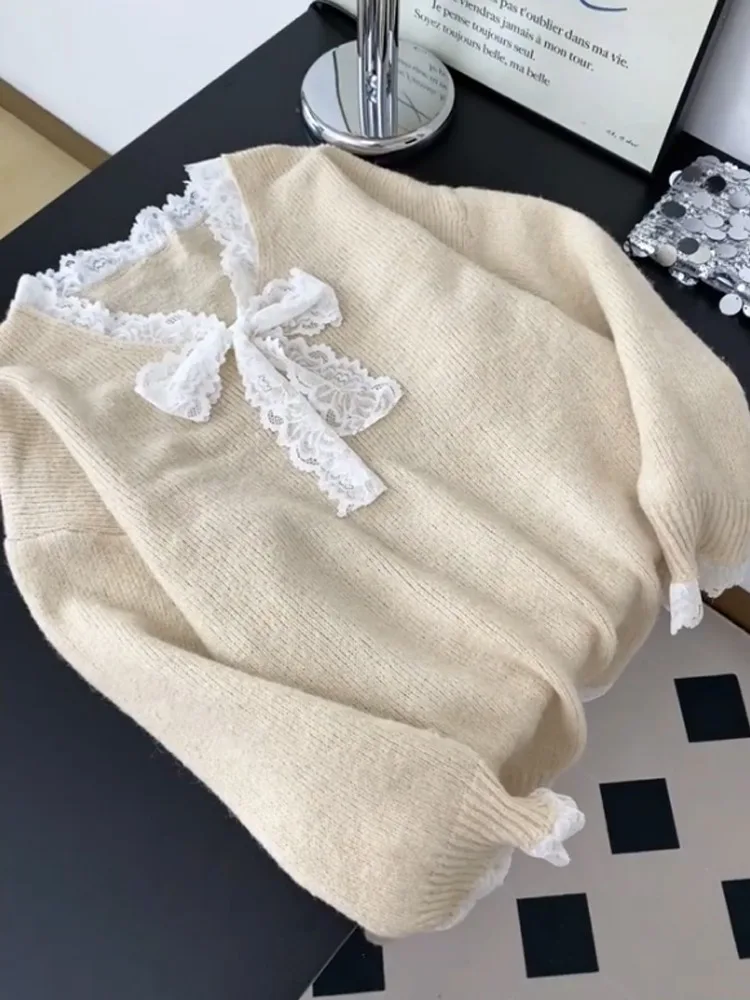 

Sweet Sle Lace Knot Splicing Loose Long Sve Women's Knitted Sweater Autumn New Arrival Lazy Faion Top