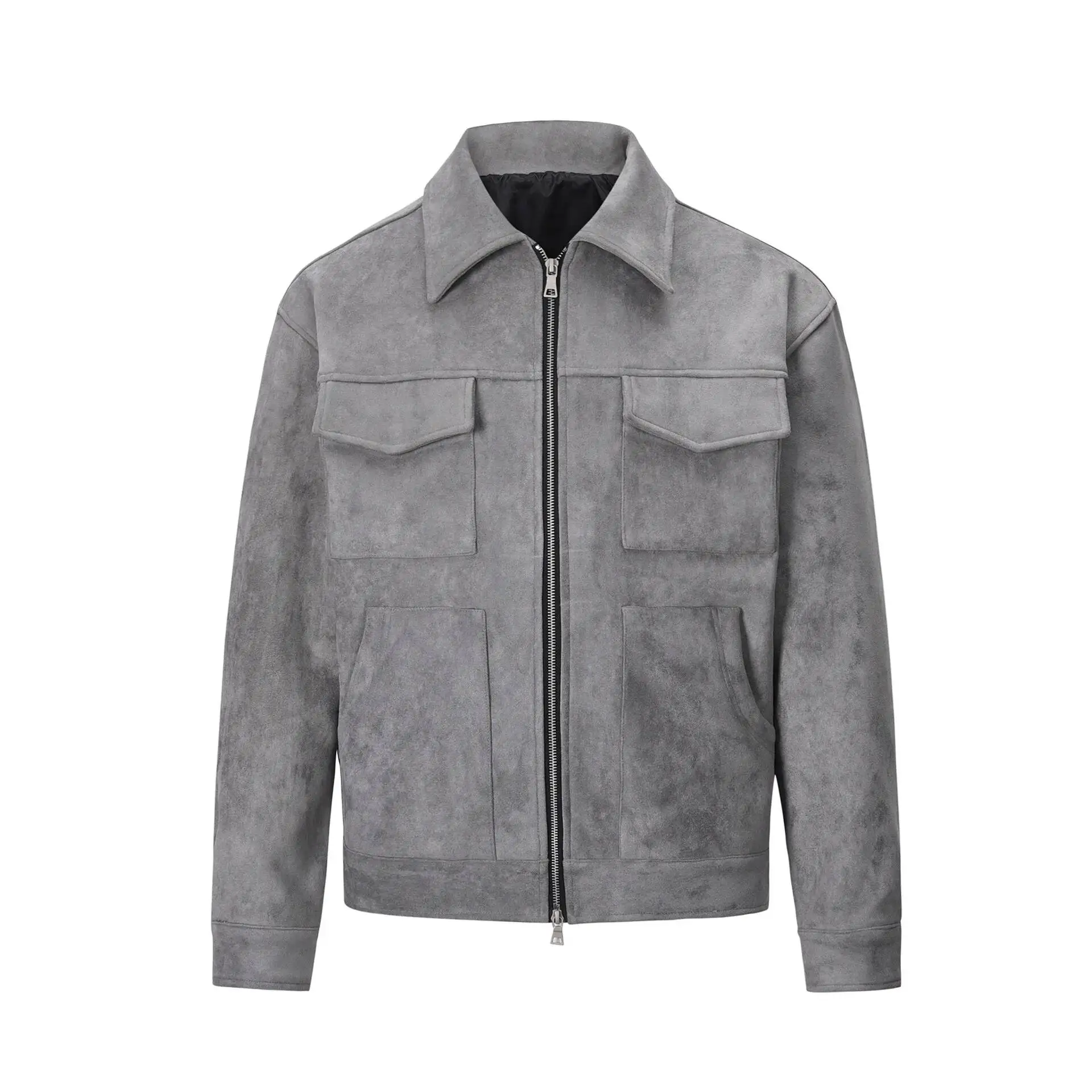 Spring Autumn New Fashion Men's American High Street Solid Color Chamois Multi Pocket Zipper Jacket Casual Trendy Coat Male