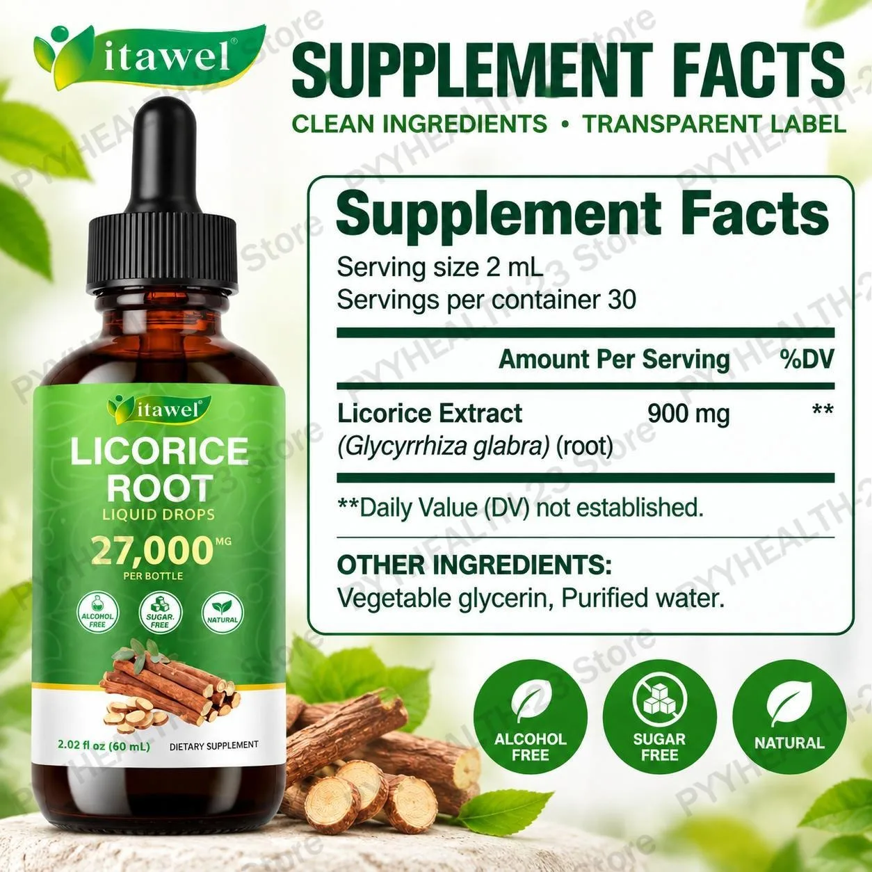 Itawel Licorice Root Liquid Drops Promote Digestion Maintain Intestinal Health Beautify & Rejuvenate The Skin Sugar-free 60 ML