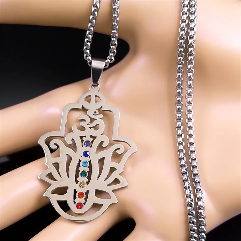 Aesthetic 7 Chakra OM Lotus Flower Pendant Necklace for Women Men Stainless Steel Yoga Healing Chain Jewelry collar N9727S02