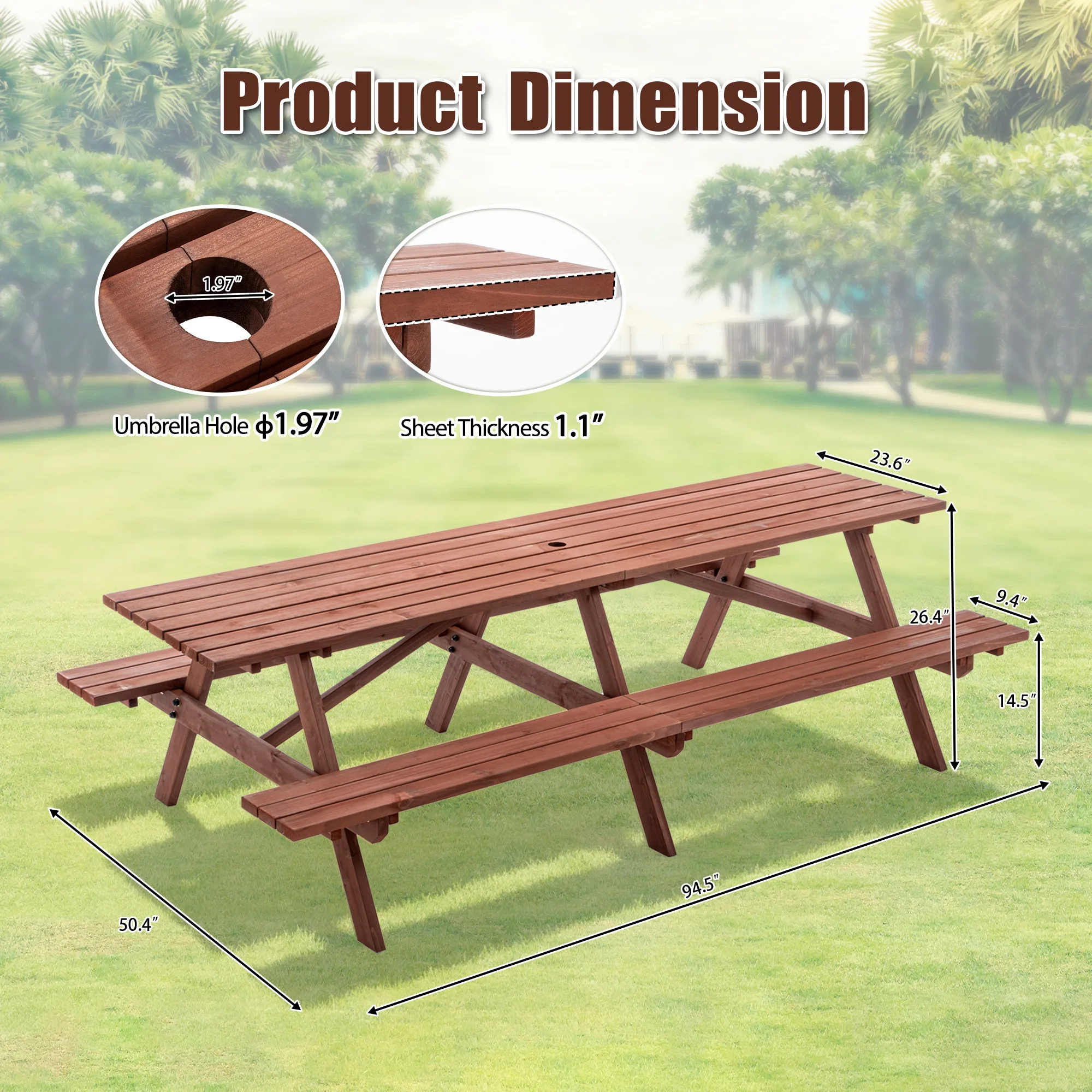 12 Person 95 Inch Solid Hardwood Outdoor Picnic Table Set Built in Benches Umbrella Hole Rustic Brown Garden Furniture Patio Yard