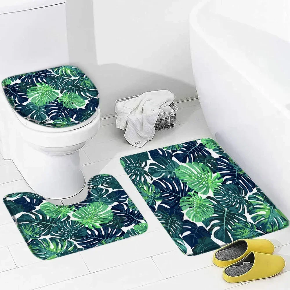 Tropical Leaves Bath Mat Set Watercolour Palm Leaf Monstera Plant Home Floor Carpet Bathroom Decor Non-Slip Rug Toilet Lid Cover