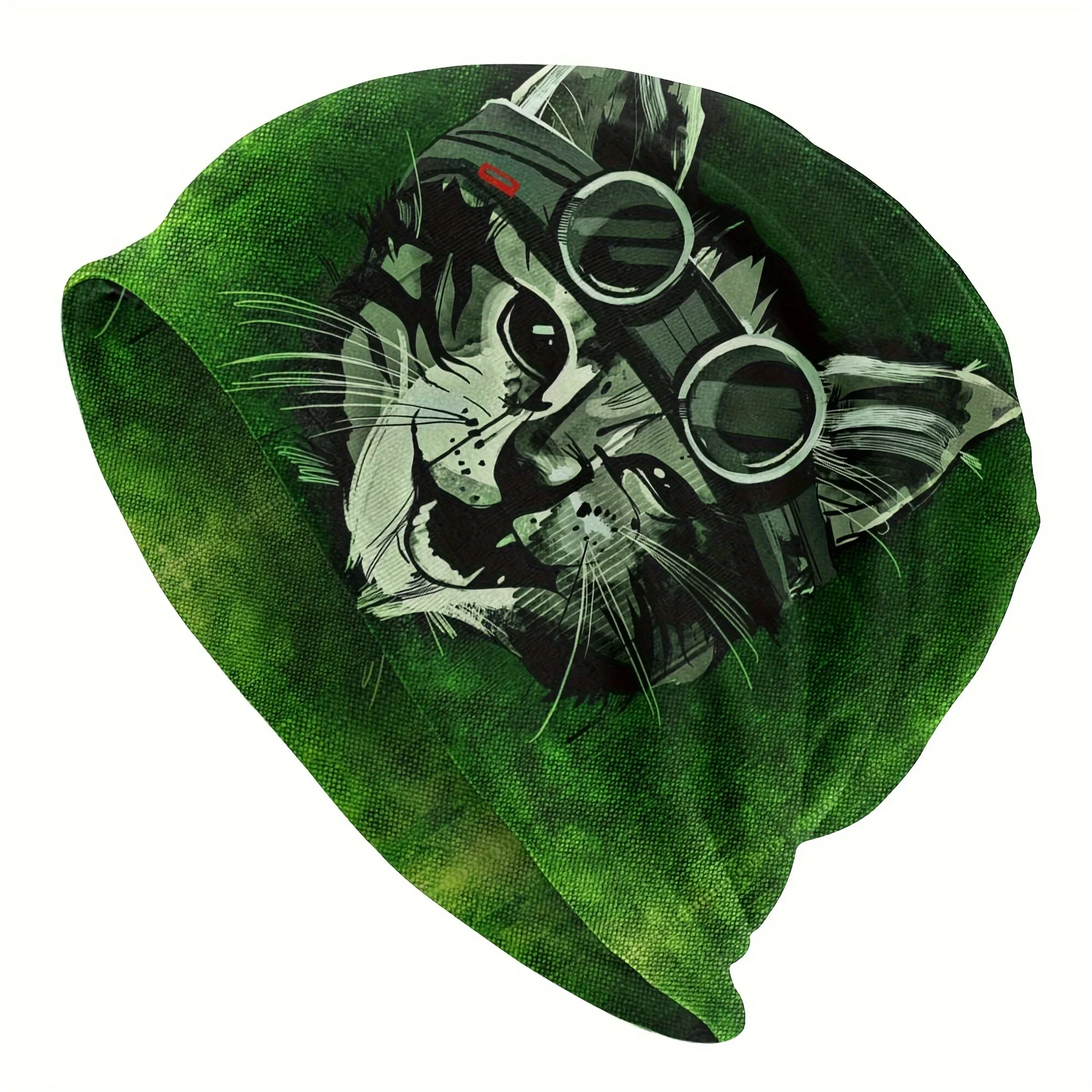 

1pc Fashion Cat Soldier Print Green Mens Thin Beanie Hat for Women Men Four Seasons One Size Easy To Carry Print Pattern