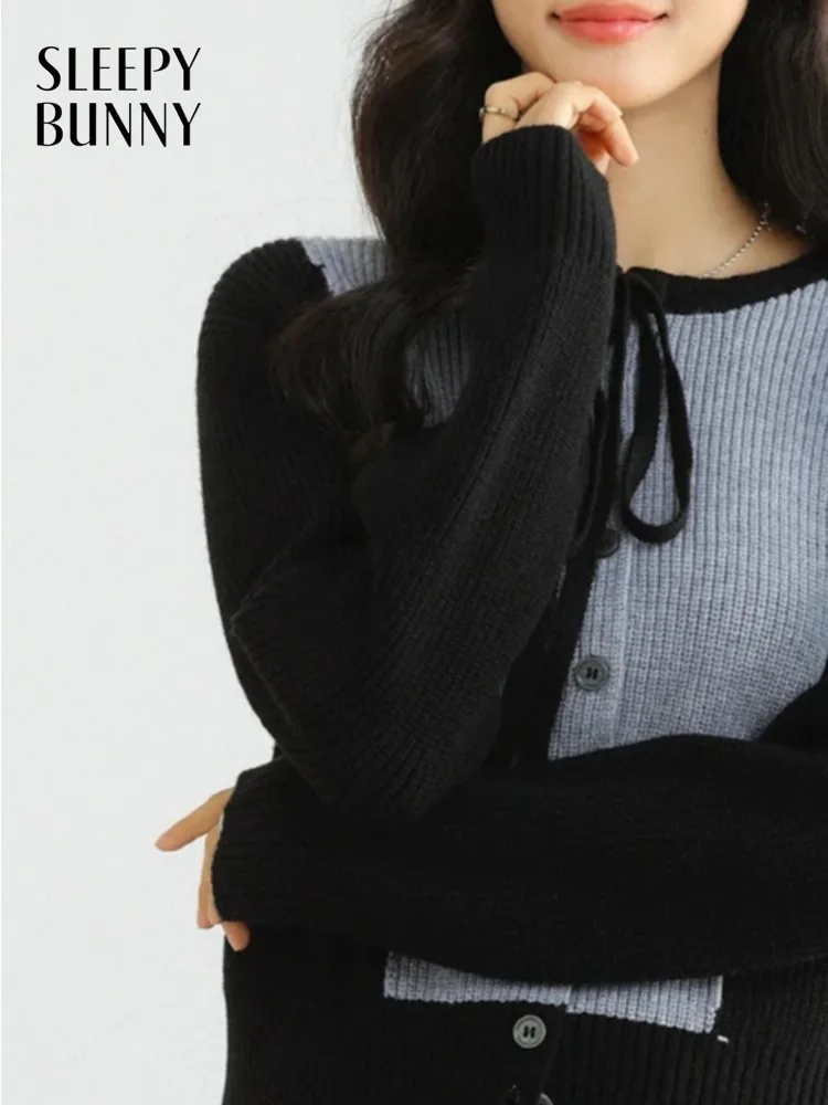 

Women Knit Cardigan Color Block Tie Neck Stretch Spring Slim Fit Unique Design Top for Lady Elegant Chic Casual Daily Outfit