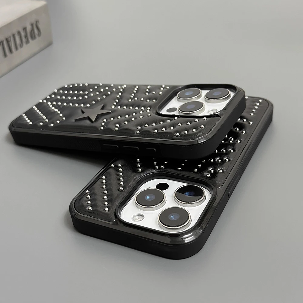 Modische Handyhülle mit silbernen Nieten und fünfzackigem Stern aus Leder, stoßfest, für iPhone 18 17 16 15 14 Pro Max 13, Schutzhülle – Detail 12