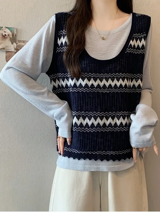

plus Size Women's Vintage Striped Vest Top Autumn Faion Slimming Design Knitted Sweater High Waist Long Sve Korean Sle