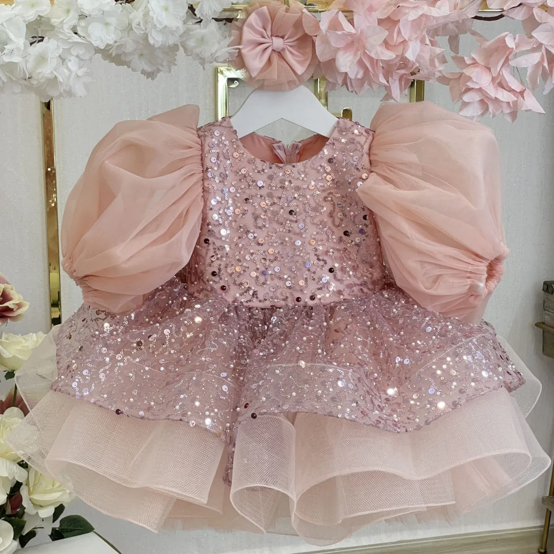 

Customized Flower Girl Dress Dusty Pink Tulle Sequin With Bow Long Sleeve For Wedding Birthday Party Prom Holy Communion Gown