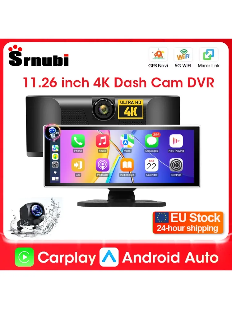 Srnubi 7/11,26 Zoll Dashcam 4K Auto-DVR, kabelloses Carplay und Android Auto GPS-Navigationsvideorecorder für Apple, WLAN FM AUX Radio