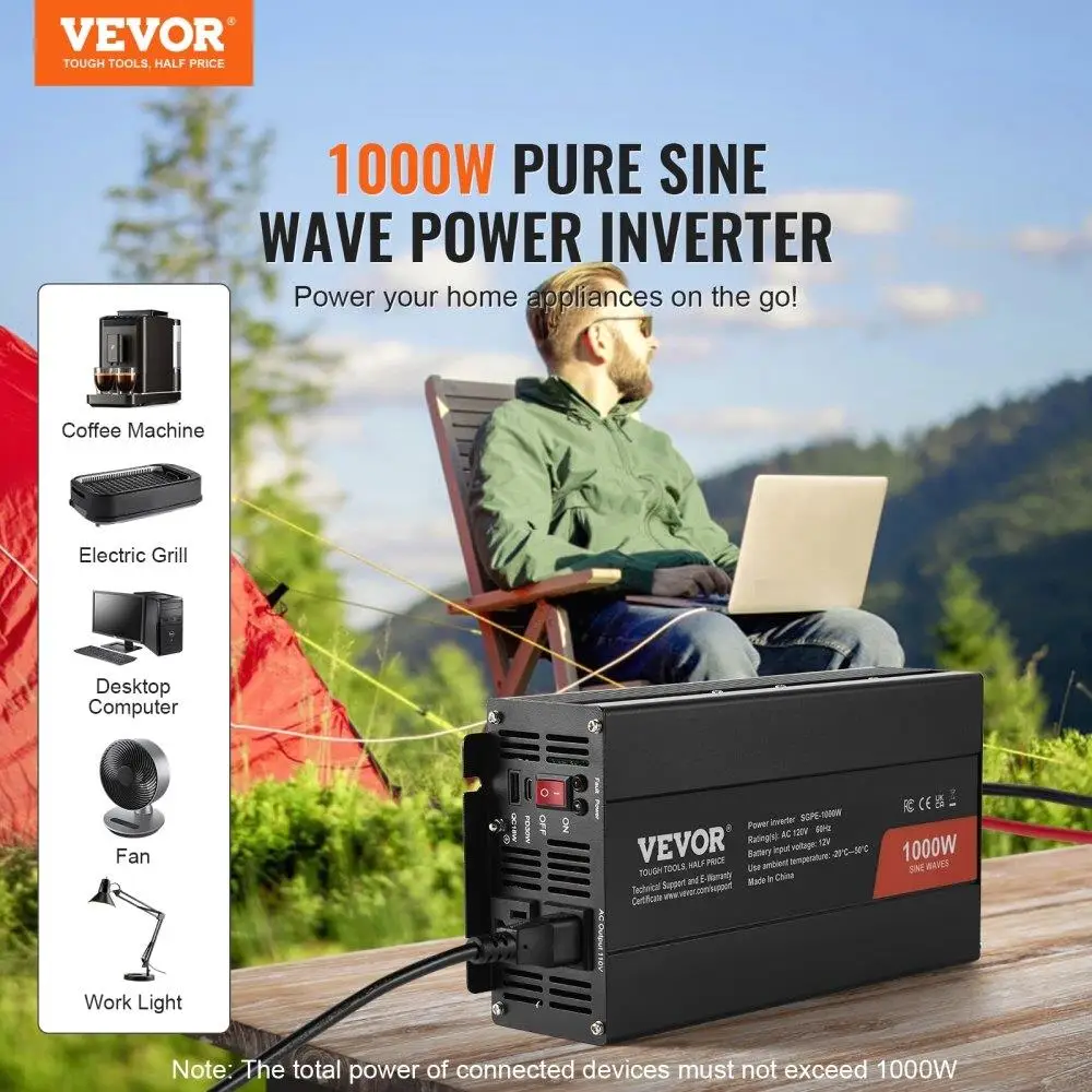 1000W Pure Sine Wave Inverter, 12V to 120V, 2 AC Outlets, 2 USB & Type-C Ports, Remote Control, CE FCC Certified for Smartphones