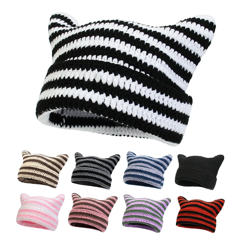 

New Korean Style Handmade Crochet Acrylic Cute Cat Ears Woman Winter Hats Striped Autumn Beanies Warm Soft Bonnet Skullies Caps