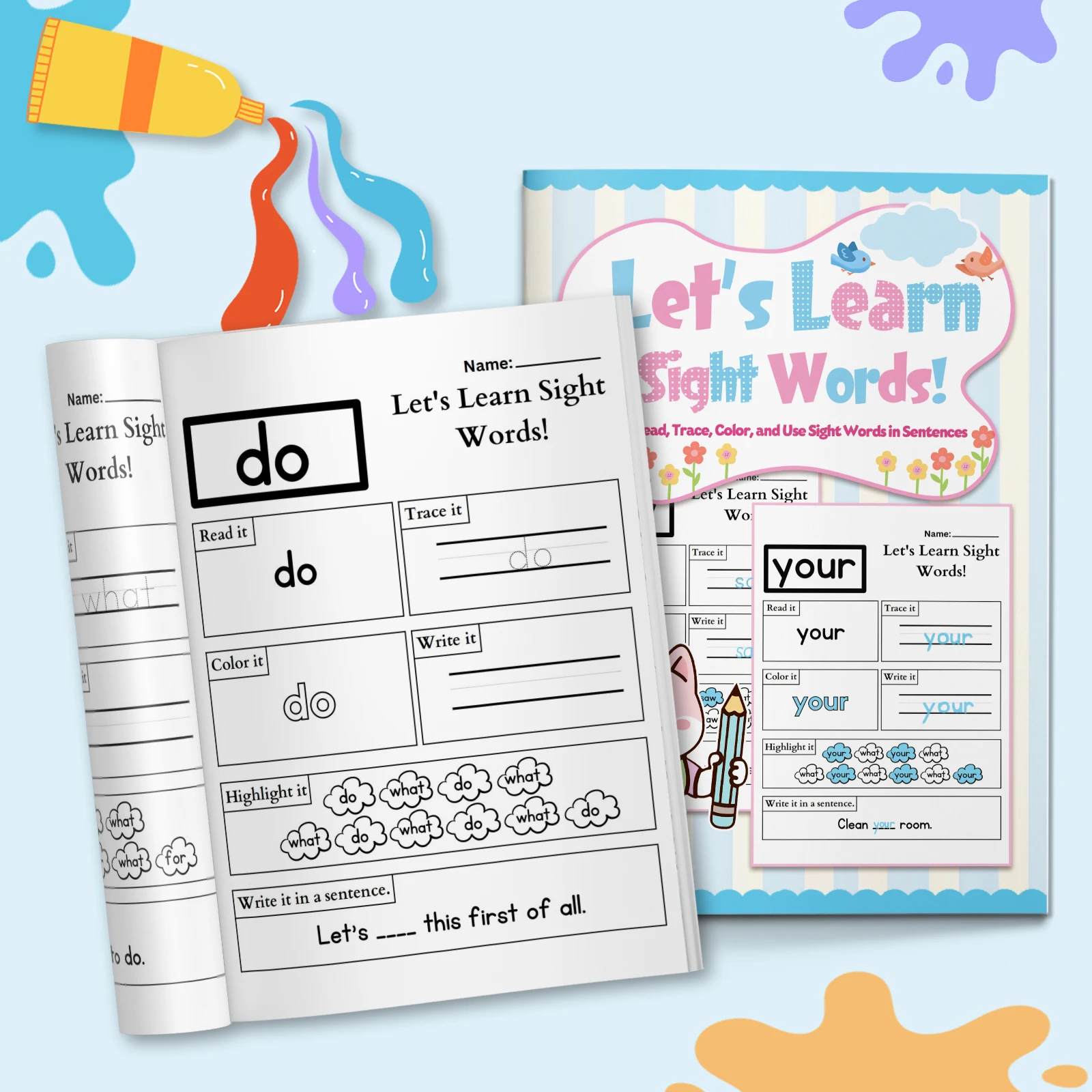 Kids English Word Coloring Workbook, Cute Cartoon Designs, Preschool Educational Activity Book for Fun English Learning