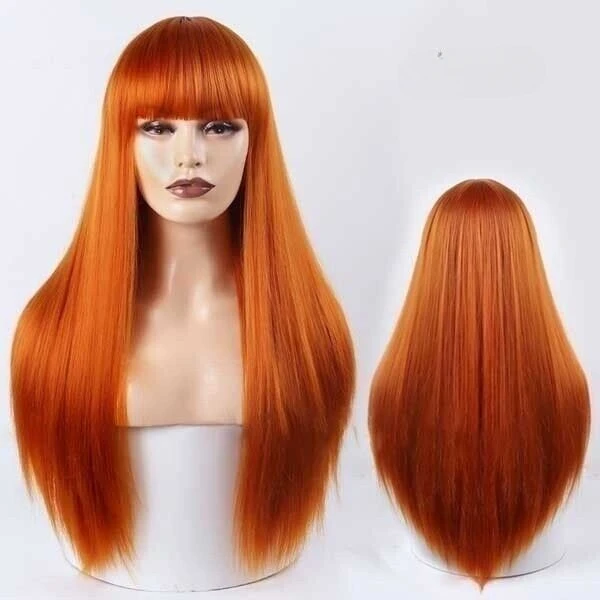 Woman Long Orange Straight  With Bangs Highlight Synthetic Costume Party wig