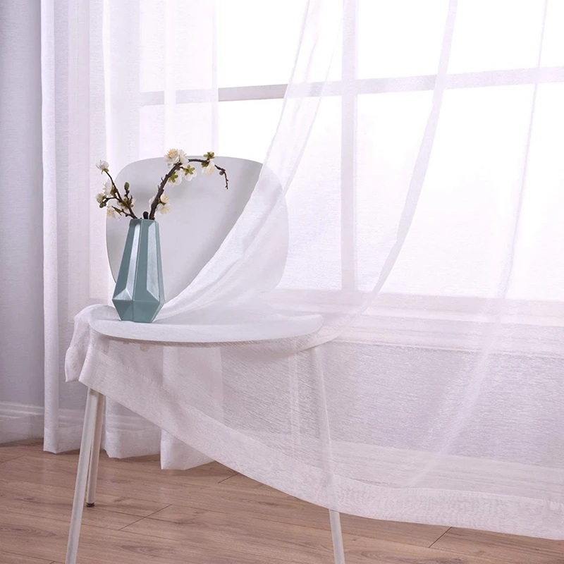 Sheer Curtains White Grommet Set Of 2 Panels Window Sheer Semi Drapes Polyester Look Voile Curtains For Bed Room