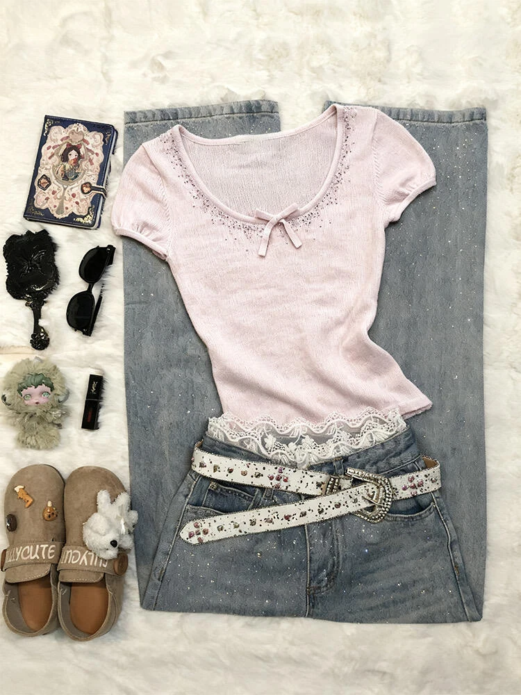 

Original Y2K Retro Design Sweet Pink ort Sve Women's T-irt Versatile Summer Top Cotton Blend Comfortable Fit for Teen ...