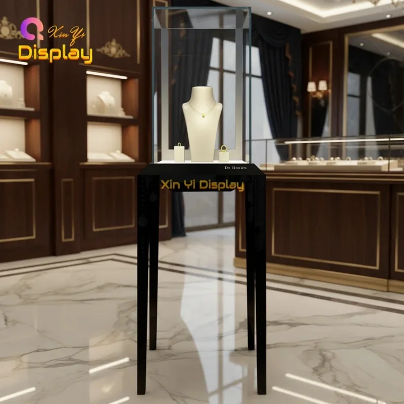 custom.Square Glass LED Stand Jewelry Showcase Pedestal Display Cabinet Furniture Jewelry Shop Showroom Vitrine Displa