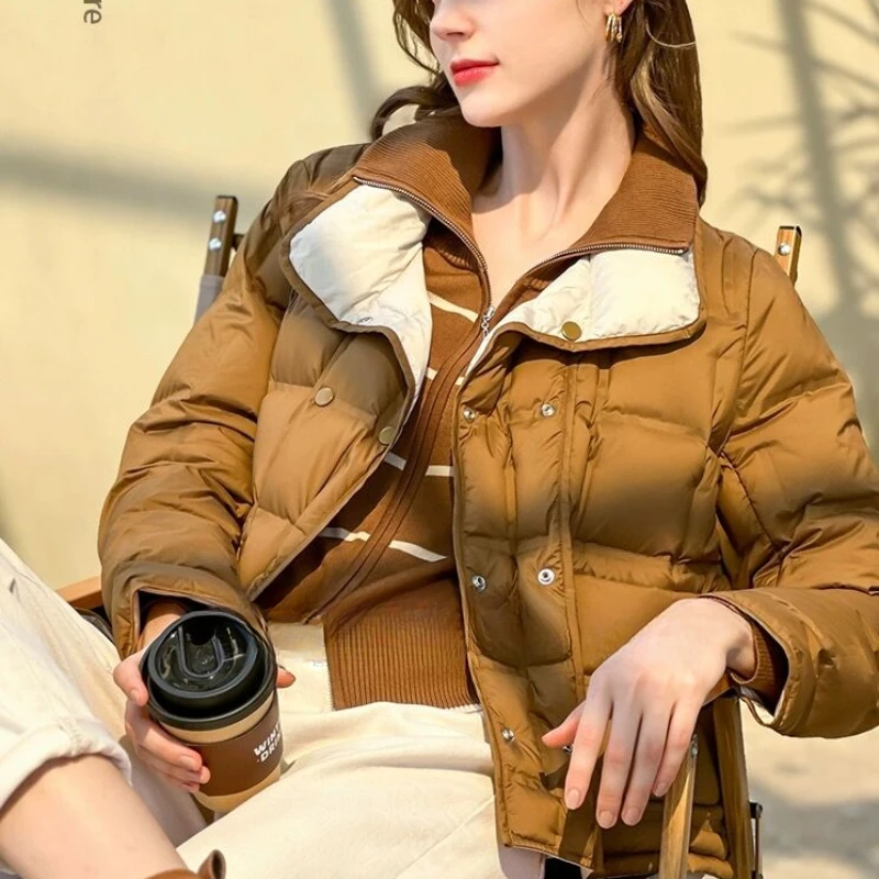 Light Thin Down Jackets for Women, Collision Two Sides Wear, Stand-up Collar, Female Outerwear, Fashion Winter Coat, New, 2024