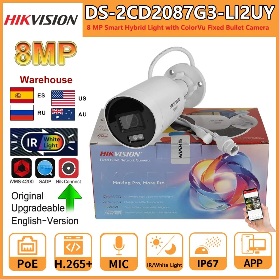 Hikvision 8MP IP Camera DS-2CD2087G3-LI2UY Smart Hybrid Light ColorVu Built-in Dual Mic 4K 24/7 Colorful Bullet Network Camera