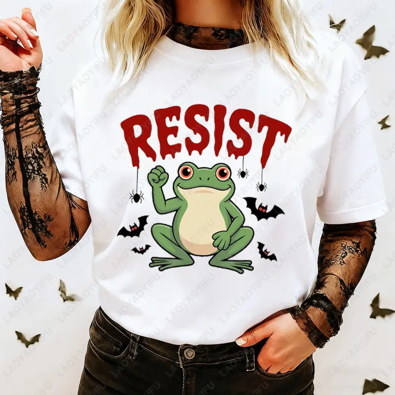 

Portland Frog Protest T-shirt Resist Cute Frog with Bats & Spiders Tees Halloween Christmas Graphic Cotton Comfort Unisex Tshirt