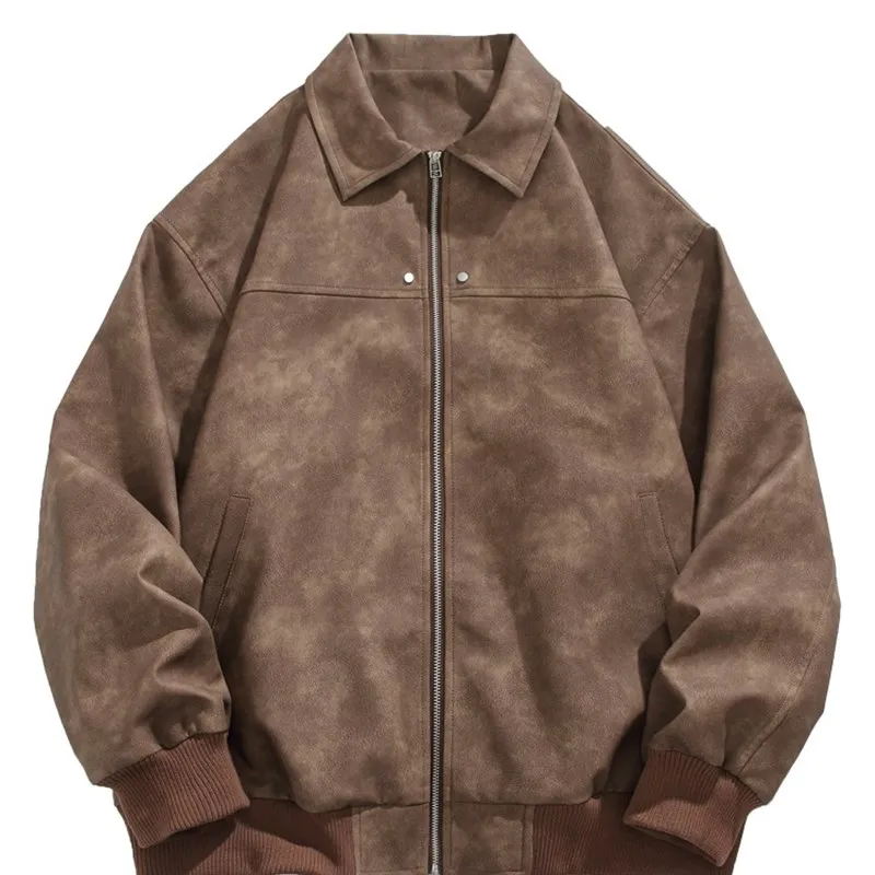 

Retro American Brown Collar Suede Jaet Men's Autumn Outerwear Couple's Leather Vest Loose Fit Metal Decorated Straight Hem