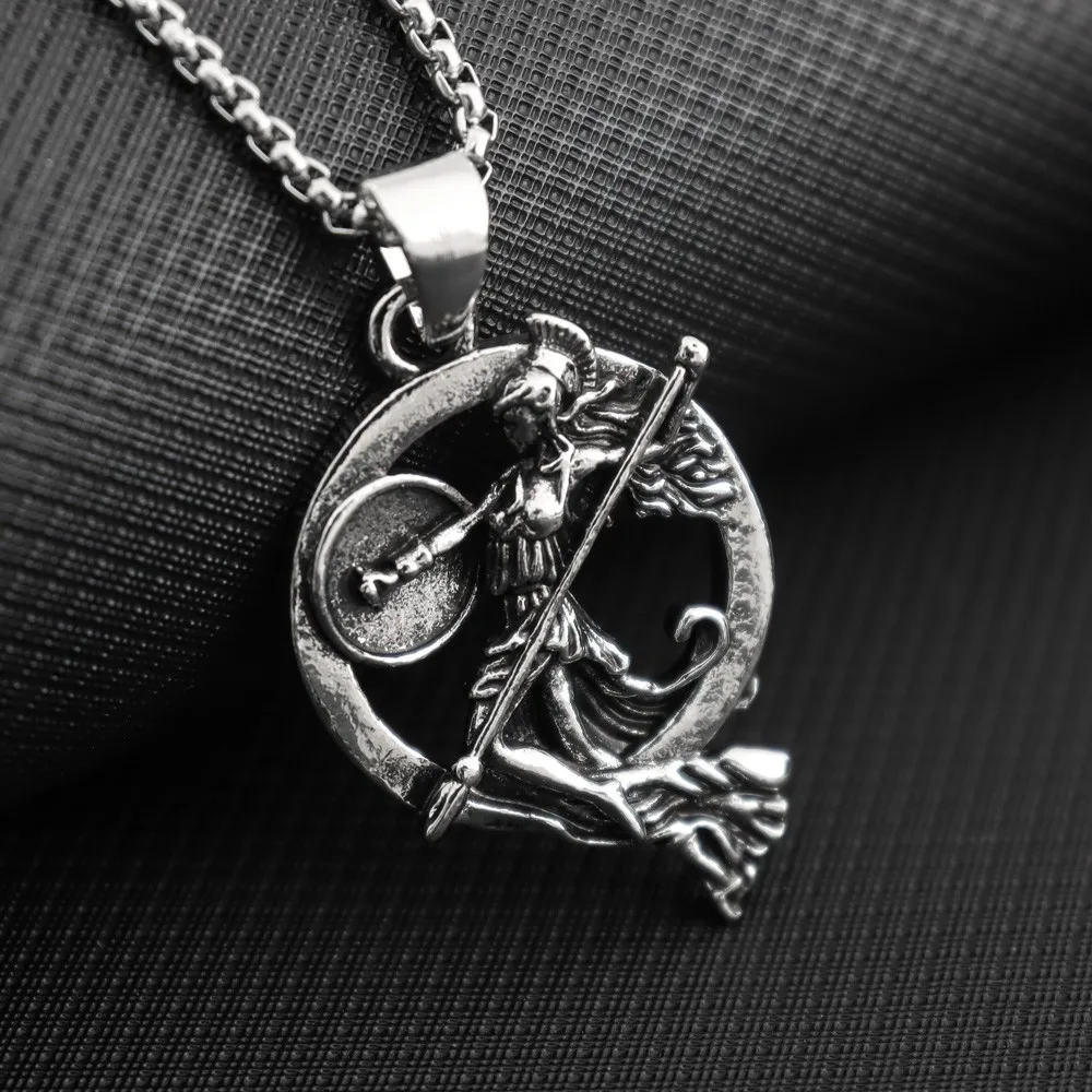 Unisex Greek Mythology Athena Pendant Necklace Retro Warrior Goddess Shield Spear Charm Neck Chain Punk Amulet Jewelry