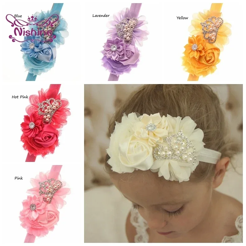 Nishine Chiffon Flower Children Headband Baby Girls Pearl Crown Hair Band Kids Accessories Princess Headwear Photography Props